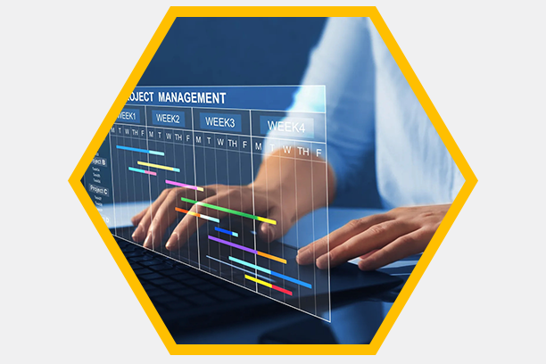A professional working on a laptop with an overlaid Gantt chart showing task scheduling for efficient project management.
